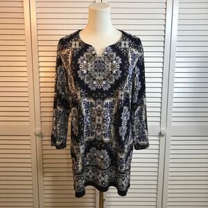 Allison Daley Retro Boho Beaded Paisley Blue Knit Tunic Blouse L